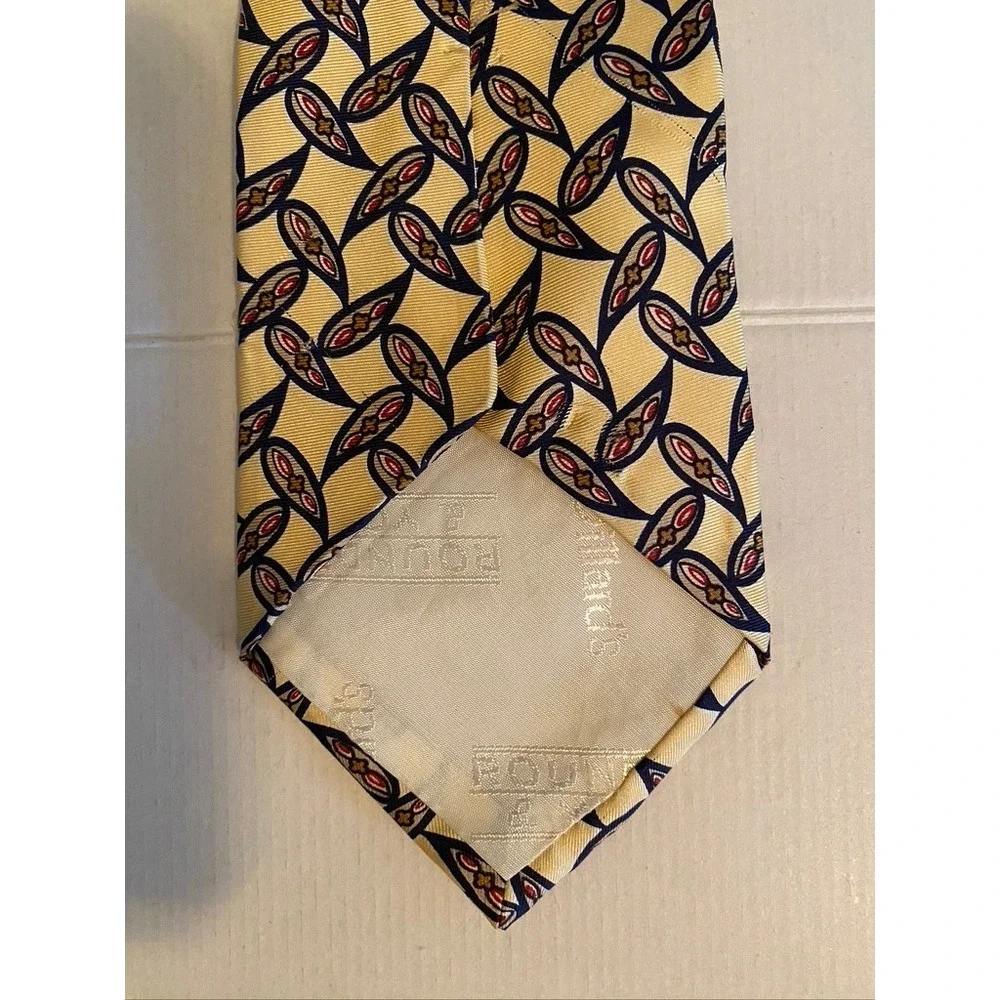 Roundtree & Yorke Mens Silk Tie Yellow Geometric Teardrop Navy Red Hand Sewn USA